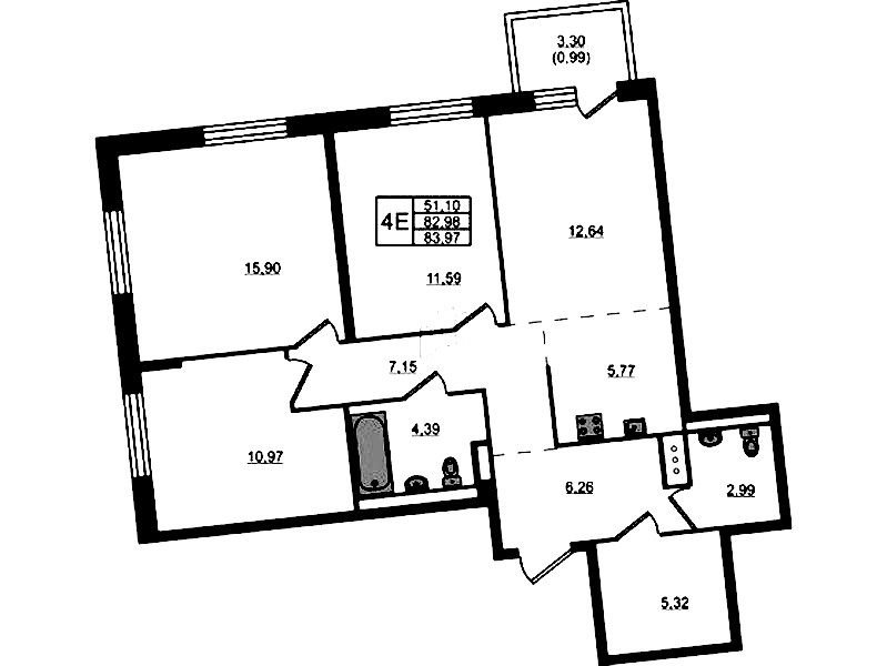3-комнатная квартира 83.97 м², 7/11 эт., ЖК «Квартал Лаголово»